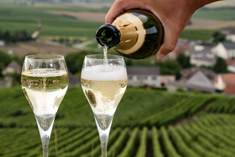 Luxury travel pooring champaign infront of vineyards.png